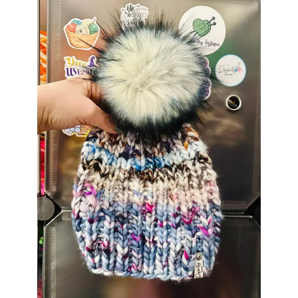 Hand Knit Scrappy Merino Wool Beanie: DefiKnitly Tasteful Knit Hat with Faux Fur